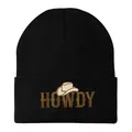 Black knit beanie with embroidered cowboy hat and HOWDY text for winter outdoor warmth - 54-60cm Elastic / Black