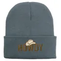 Close-up of HOWDY embroidery with cowboy hat icon on dark blue knit beanie hat - 54-60cm Elastic / Silver Gray