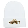 White knitted beanie with brown HOWDY cowboy hat embroidery for autumn winter warmth - 54-60cm Elastic / White