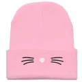 Berretto in maglia rosa da donna con ricamo gatto carino e morbida trama a coste invernale - Taglia unica / Rosa