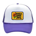 Gorra trucker de malla violeta y blanca con parche floral Have a Nice Day bordado - Púrpura + Blanco