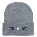 Berretto in maglia grigia da donna con ricamo a forma di gatto e cuore per l'inverno - Taglia unica / Grigio Melange Chiaro