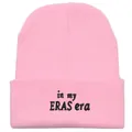 Pink knit beanie with black in my ERAS era embroidery and a cuffed edge design - One Size (54-60cm) / Pink
