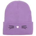 Berretto in maglia viola con naso a cuore bianco e ricamo di baffi di gatto per donna - Taglia unica / Viola Chiaro