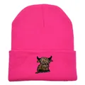 Hot pink knitted beanie hat with cute cartoon highland cow embroidery for winter warmth - Stretchy / Rose Red