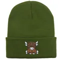Λαδί πλεκτός σκούφος με κέντημα Highland Cow και ζεστή, πυκνή υφή για άνδρες και γυναίκες - Ελαστικό Ενηλίκων / Πράσινο του Στρατού