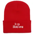 Red knit beanie featuring white embroidered in my ERAS era text in a minimalist style - One Size (54-60cm) / Red
