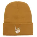 Berretto in maglia giallo zenzero con ricamo a mano di scheletro e risvolto a coste - 54-60cm / Cachi