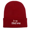 Dark red ribbed knit beanie featuring white in my ERAS era embroidery on the cuff - One Size (54-60cm) / Burgundy
