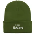 Olive green knit beanie with white 'in my ERAS era' embroidery and ribbed texture - One Size (54-60cm) / Army Green