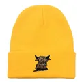 Yellow knit beanie featuring a colorful highland cow embroidery with cuffed design - Stretchy / Yellow