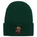 Dark green beanie featuring detailed highland cow embroidery on a ribbed knit cuff - Stretchy / Dark Green