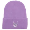 Berretto in maglia viola con ricamo a mano di scheletro bianco e risvolto - 54-60cm / Viola Chiaro