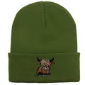Olive green knitted beanie featuring a detailed highland cow embroidery on the cuff - Stretchy / Army Green