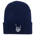 Berretto in maglia blu scuro con ricamo a mano di scheletro bianco stile street - 54-60cm / Blu navy