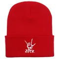 Red knit beanie with white ROCK hand sign embroidery in a street style design - Red