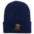 Dark blue knitted beanie hat with highland cow embroidery and folded cuff detail - Stretchy / Navy Blue