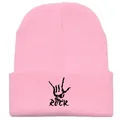 Pink cuffed beanie featuring a black ROCK gesture embroidery in a street punk style - Pink