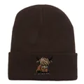 Dark brown knit beanie for men and women featuring a detailed highland cow embroidery - Stretchy / Coffee