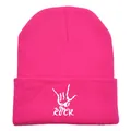 Rose red knit beanie with white ROCK gesture embroidery in a streetwear hip-hop style - Rose Red