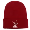 Dark red knit beanie featuring a white ROCK hand sign embroidery for winter style - Burgundy