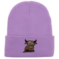 Purple ribbed knit beanie featuring a brown highland cow embroidery on the cuff - Stretchy / Light Purple
