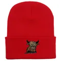 Red knit beanie featuring a brown Highland cow embroidery with a folded cuff design - Stretchy / Red