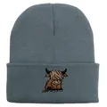 Gray ribbed knit beanie featuring a detailed cartoon highland cow embroidery design - Stretchy / Silver Grey