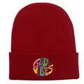 Rote Strickmütze mit bunten GOOD VIBES Stickereien und warmem Rippstrick-Design - Burgunderrot