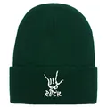 Dark green knitted beanie featuring a white Rock hand gesture and ROCK text embroidery - Dark Green