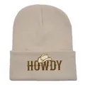 Beige knitted beanie with HOWDY cowboy hat embroidery for autumn winter outdoor warmth - 54-60cm Elastic / Beige
