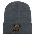 Knitted beanie hat in dark grey with detailed Highland Cow embroidery patch - Stretchy / Deep Heather Grey