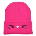 Berretto in maglia rosa acceso con ricamo gatto e trama calda per donna - Taglia unica / Rosa Rosso