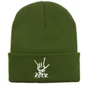 Dark green ribbed knit beanie featuring a white ROCK hand gesture embroidery - Army Green
