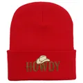 Red knit HOWDY beanie with cowboy hat embroidery and cuffed brim for outdoor warmth - 54-60cm Elastic / Red