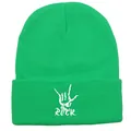 Neon green knit beanie featuring a white Rock hand sign and embroidery text for winter - Fluorescent Green