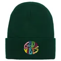 Dunkelgrüne Strickmütze mit einem farbenfrohen GOOD VIBES Rundstickerei-Patch - Dunkelgrün
