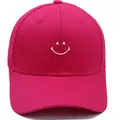 Close-up of smile embroidery on rose red cotton baseball cap with reinforced brim - M (56-58cm) / Rose Red