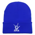 Royal blue knitted beanie featuring white ROCK embroidery and rock sign gesture - Sapphire Blue