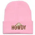 Pink knit beanie hat with brown HOWDY cowboy embroidery for winter outdoor warmth - 54-60cm Elastic / Pink