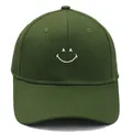 Close-up of olive green baseball cap with white smiley face embroidery and curved brim - M (56-58cm) / Army Green