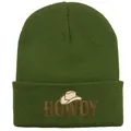 Dark green ribbed knit beanie with brown HOWDY embroidery and white cowboy hat icon - 54-60cm Elastic / Army Green