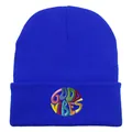 Dunkelblaue Strickmütze mit bunten Good Vibes Stickereien und Rippenstruktur - Königsblau