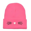 Berretto in maglia rosa acceso per donna con baffi di gatto ricamati e naso a forma di cuore - Taglia unica / Rosso Anguria