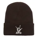 Dark brown knit beanie featuring a white Rock hand gesture and ROCK text embroidery - Coffee