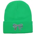 Berretto in maglia verde con ricamo a fiocco a righe colorate sul risvolto - 54-60cm / Verde Fluorescente