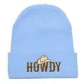 Light blue knit beanie with HOWDY western embroidery and cowboy hat graphic design - 54-60cm Elastic / Sky Blue