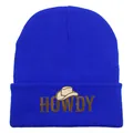 Navy blue knit beanie with HOWDY cowboy embroidery and folded cuff for winter warmth - 54-60cm Elastic / Sapphire Blue