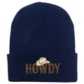 Dark blue knit beanie featuring brown HOWDY embroidery and a small cowboy hat icon - 54-60cm Elastic / Navy Blue