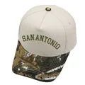 Detail of San Antonio embroidery on beige baseball cap with camouflage patterned brim - M / Beige/Camouflage